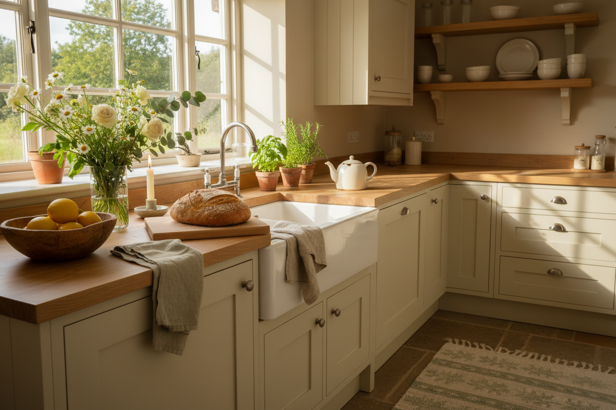 Farmhouse Cottage Kitchen with Lemons and Wildflowers