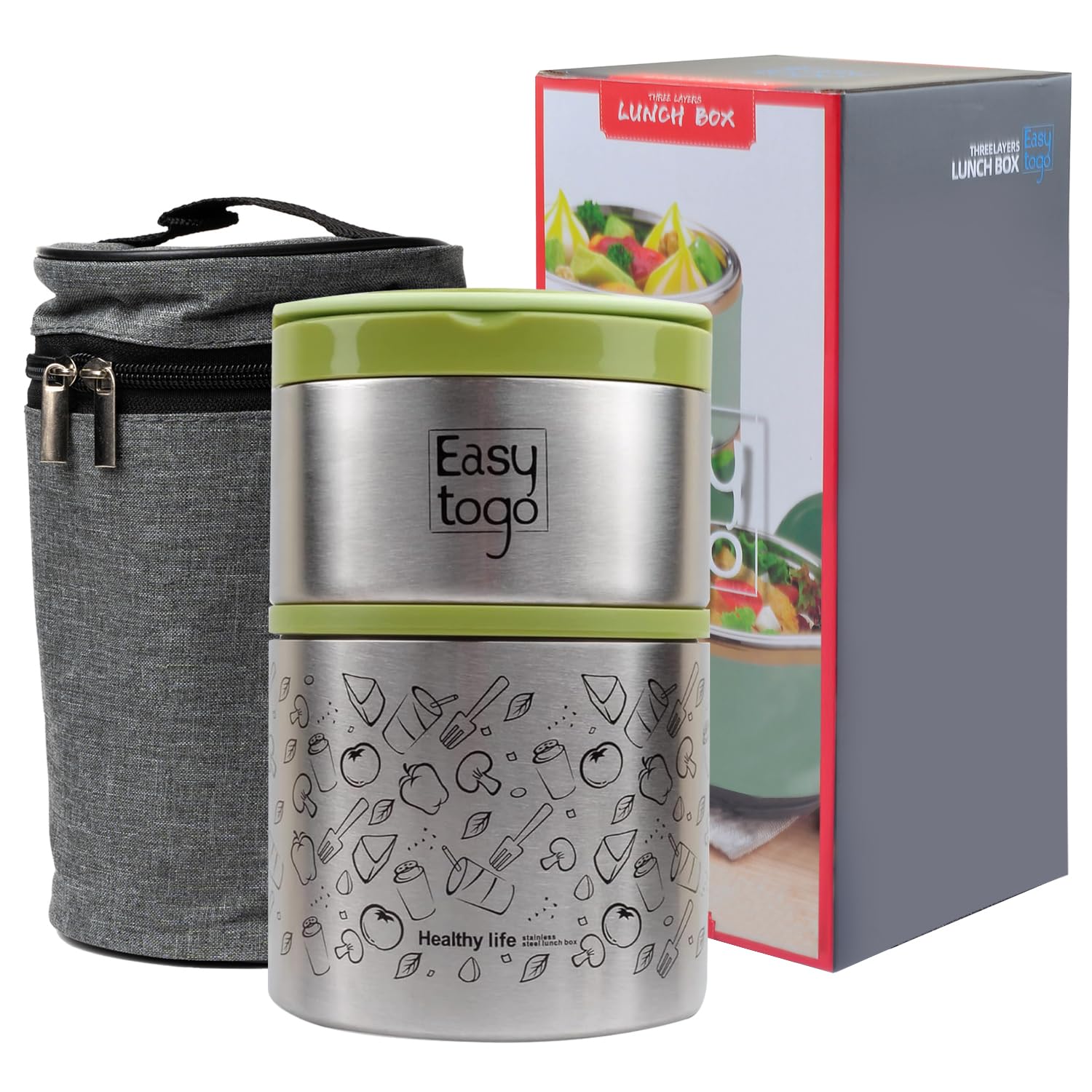 2-Tier Stainless Steel Insulated Lunch Box with Bag