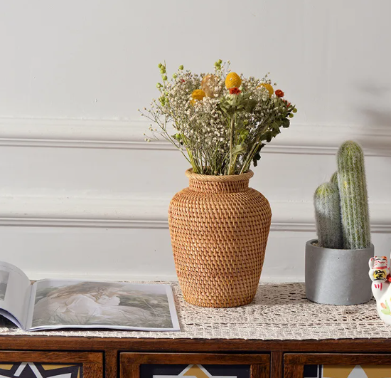 Handwoven Rattan Storage Vase & Flower Basket — French Country