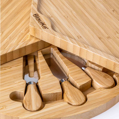 Bamboo Swiveling Cheese Board & Knife Set — 14 Inch with Slide-Out Drawer
