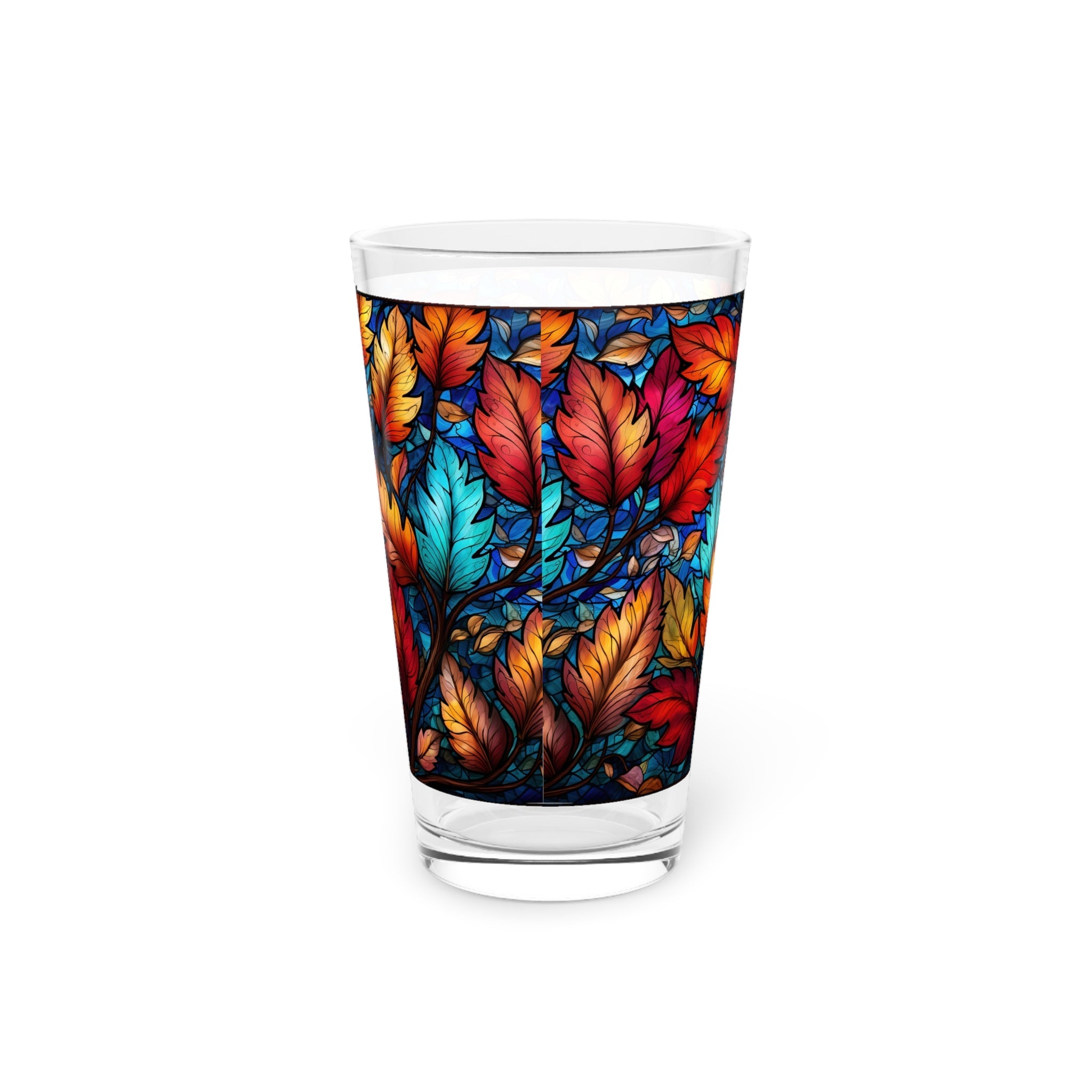 Autumnal Beauty: A Colorful Stained Glass Tribute to Fall Leaves  16oz Pint Glass Gift idea gifts for home decor housewarming gift