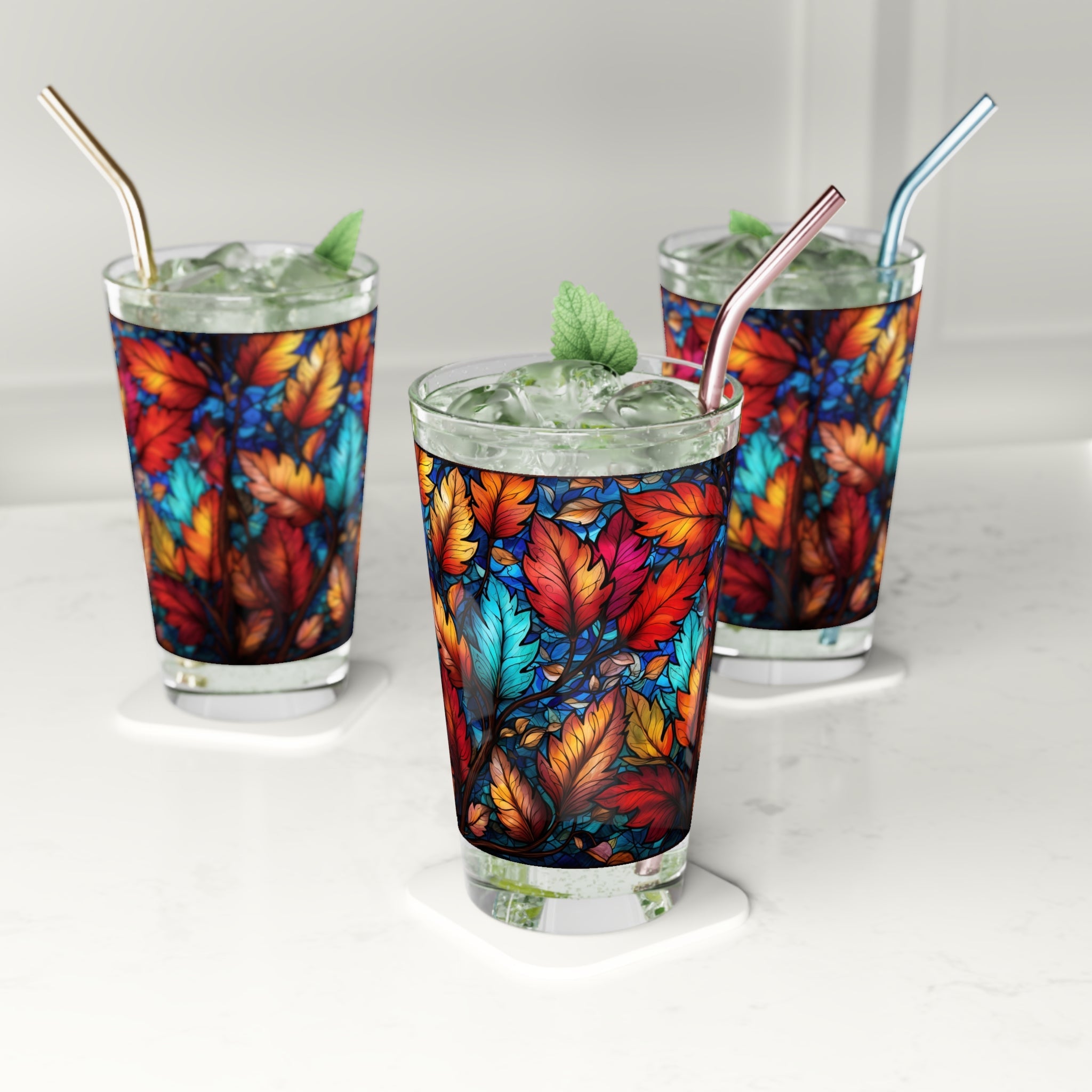 Autumnal Beauty: A Colorful Stained Glass Tribute to Fall Leaves  16oz Pint Glass Gift idea gifts for home decor housewarming gift