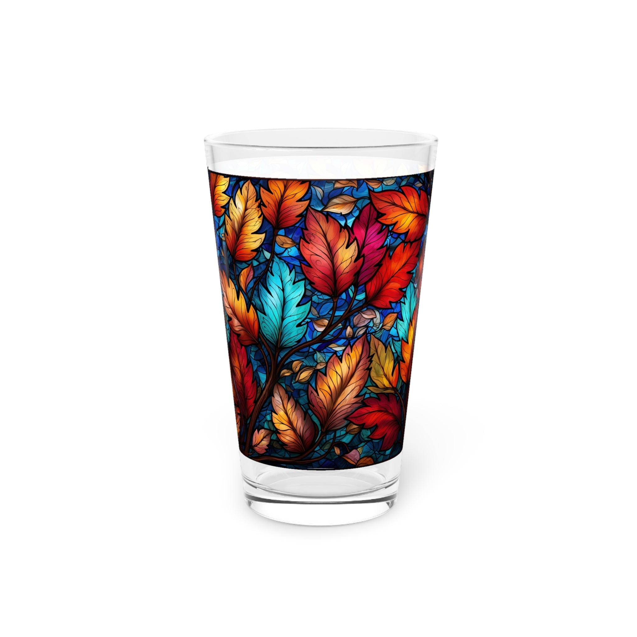 Autumnal Beauty: A Colorful Stained Glass Tribute to Fall Leaves  16oz Pint Glass Gift idea gifts for home decor housewarming gift