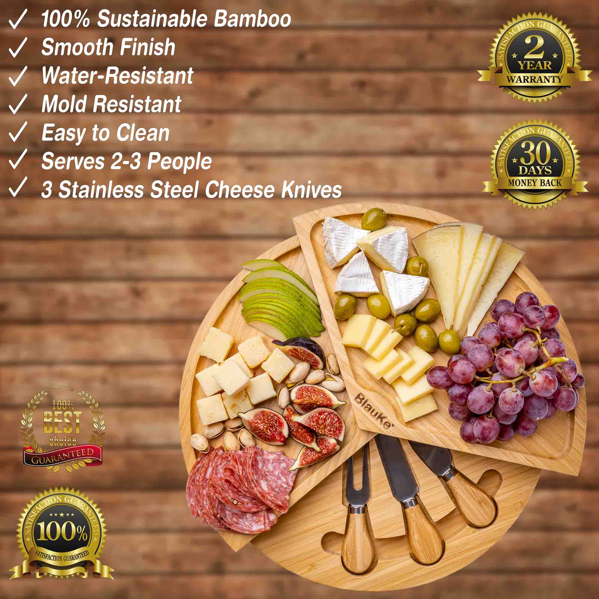Bamboo Swiveling Cheese Board & Knife Set — 14 Inch with Slide-Out Drawer