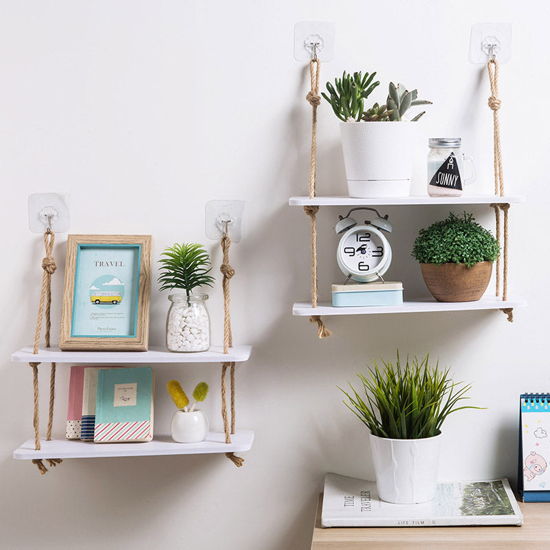 Double-Layer Wall-Mounted Shelf with Jute Rope — 140cm