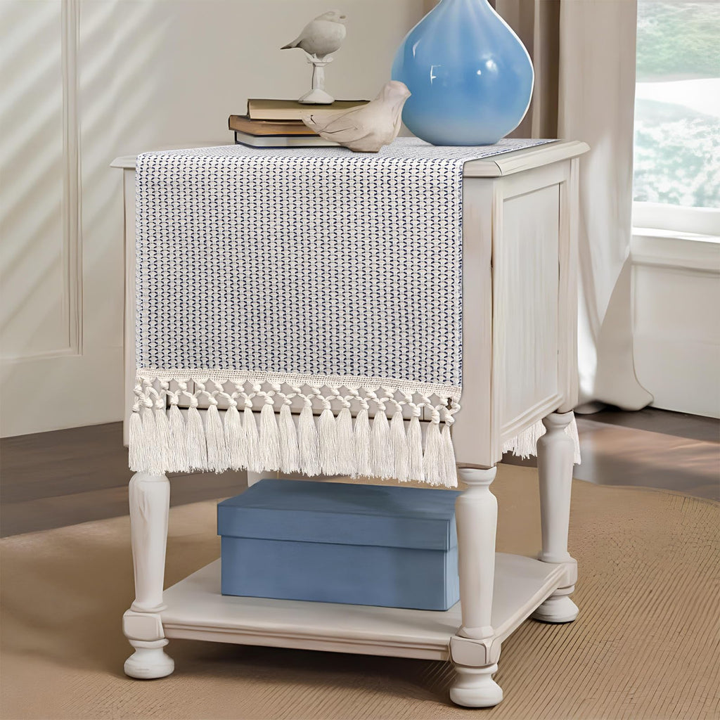Blue & Beige Boho Woven Table Runner — 14x36