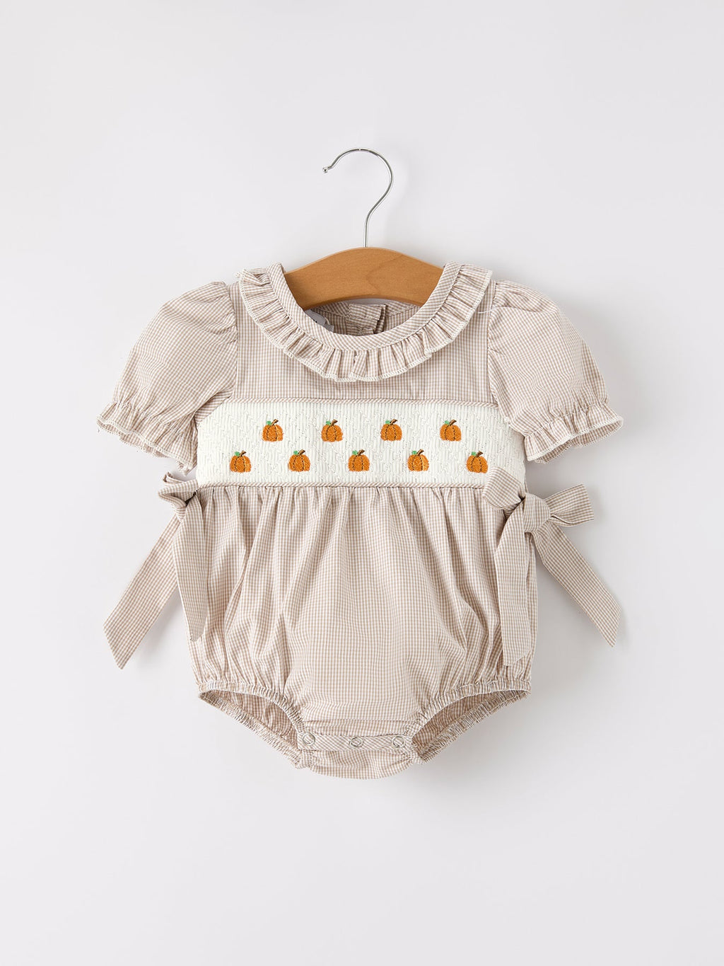 Pumpkin Smocked Plaid Baby Girl Romper — Halloween & Thanksgiving