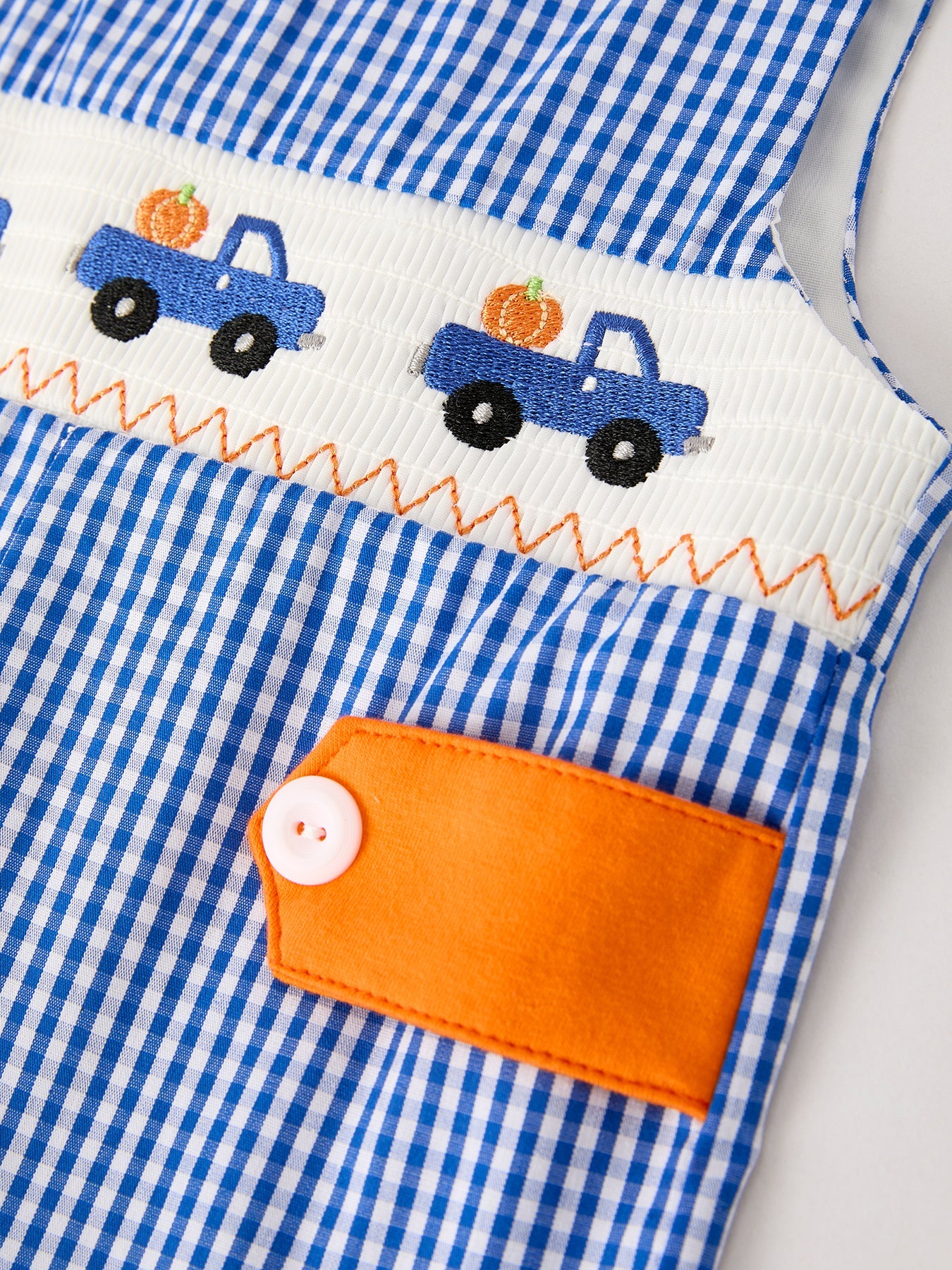 Fall Truck Smocked Baby Boy Romper — Thanksgiving & Halloween