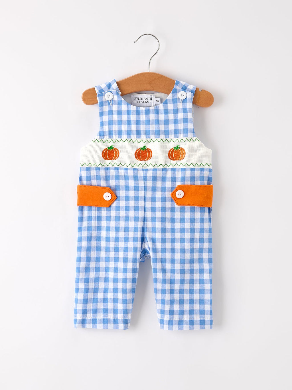 Blue Pumpkin Smocked Baby Boy Romper — Thanksgiving & Halloween