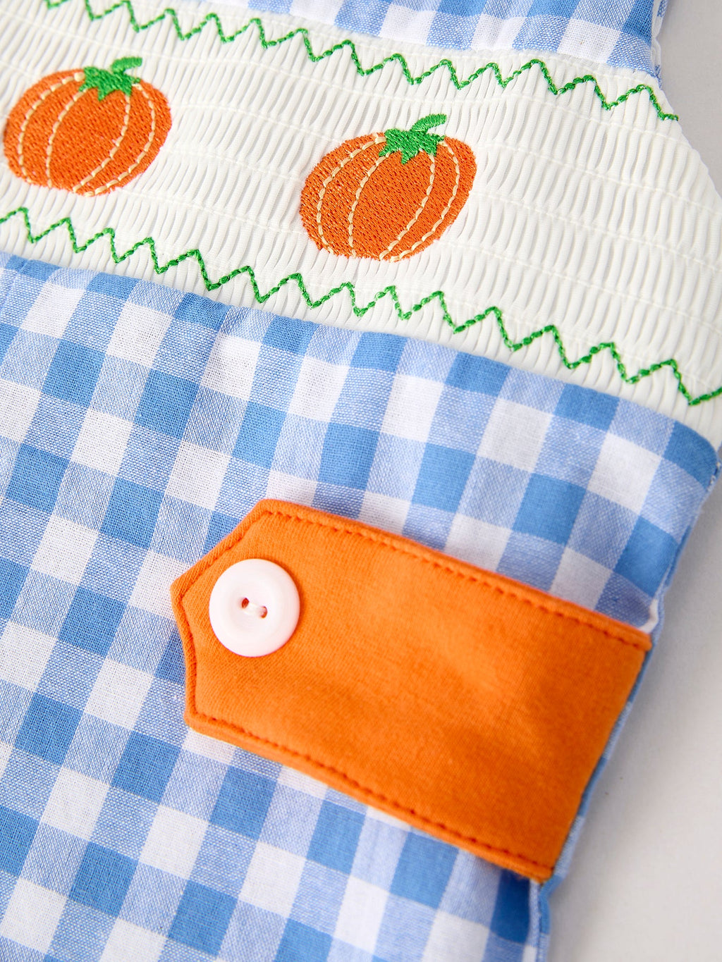 Blue Pumpkin Smocked Baby Boy Romper — Thanksgiving & Halloween