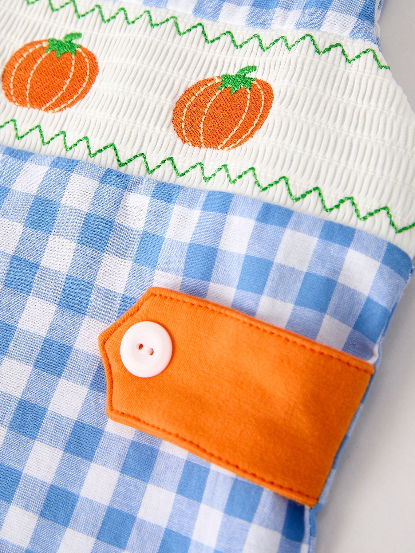Blue Pumpkin Smocked Baby Boy Romper — Thanksgiving & Halloween