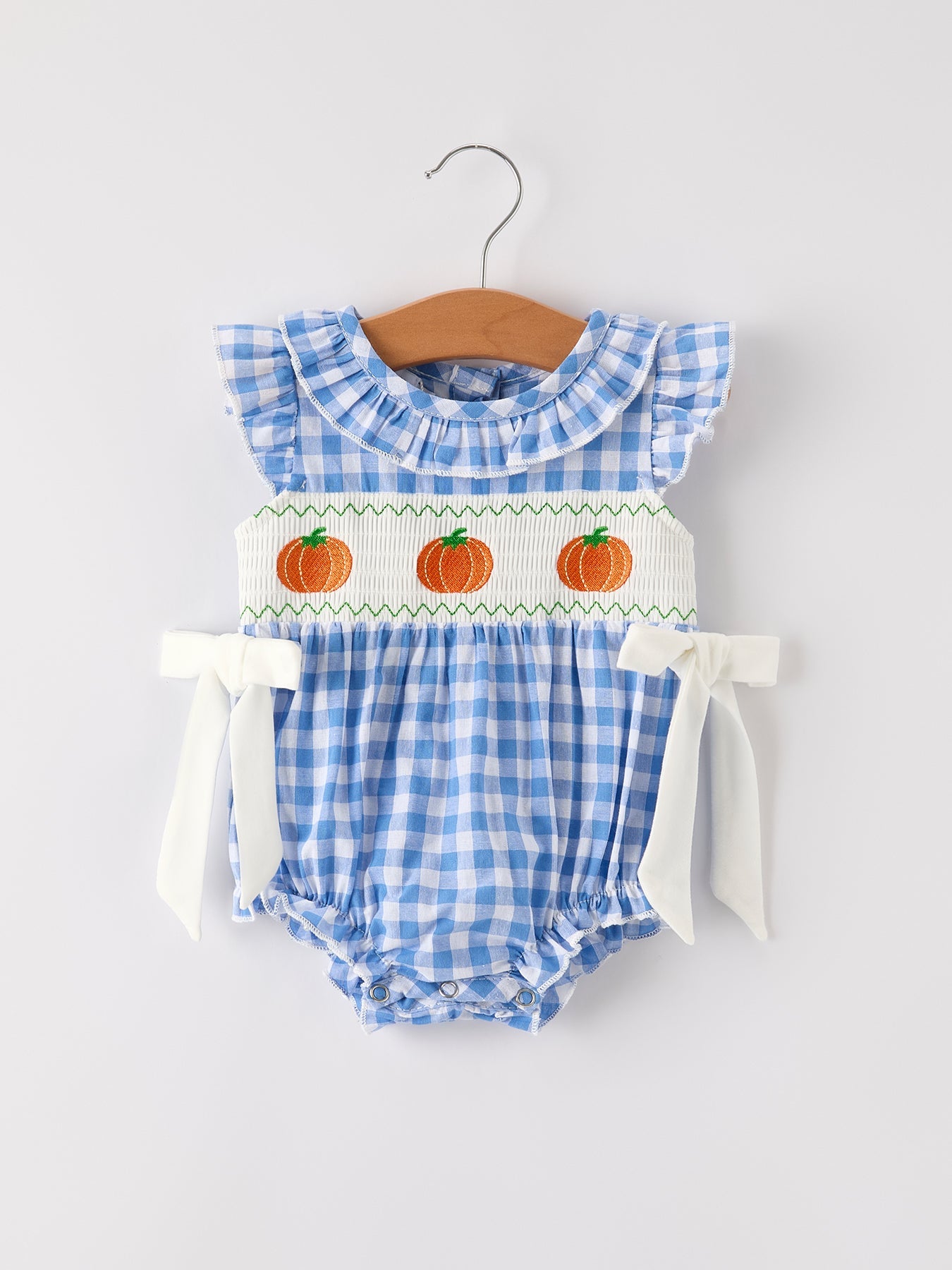 Blue Pumpkin Smocked Baby Girl Romper — Thanksgiving & Halloween