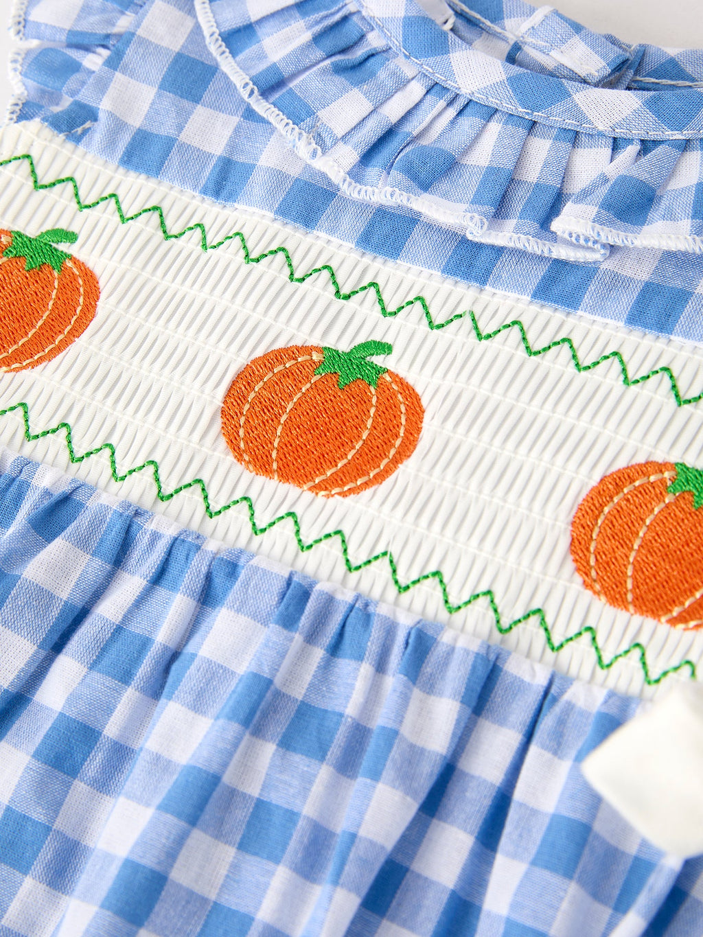 Blue Pumpkin Smocked Baby Girl Romper — Thanksgiving & Halloween