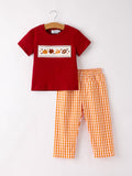 Fall Turkey Embroidered Boy Set — Orange Checkered