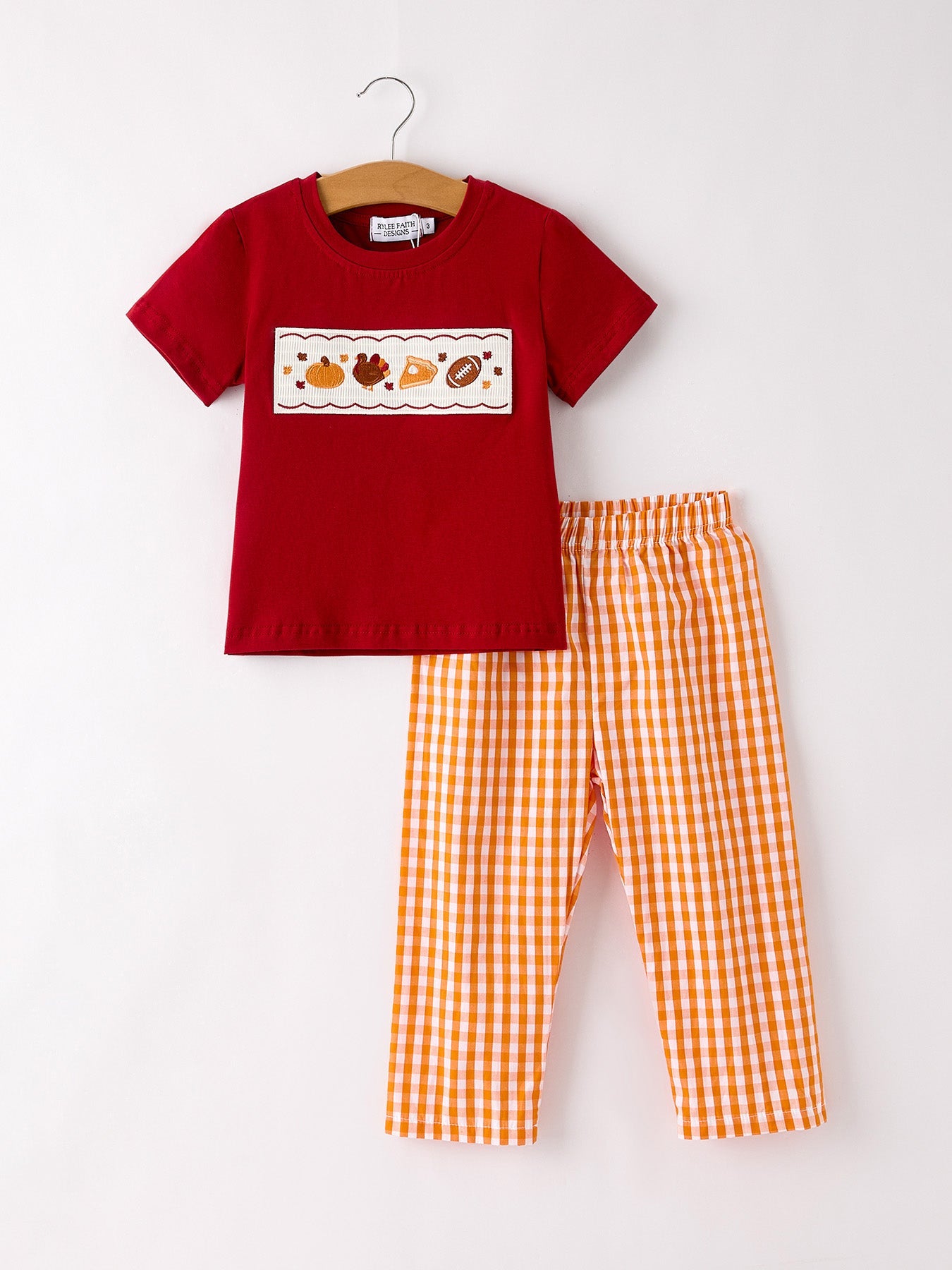 Fall Turkey Embroidered Boy Set — Orange Checkered