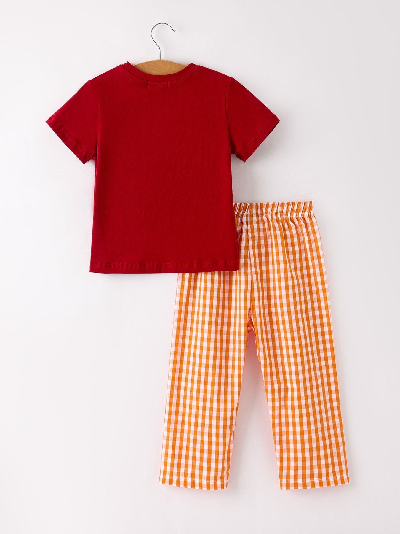 Fall Turkey Embroidered Boy Set — Orange Checkered