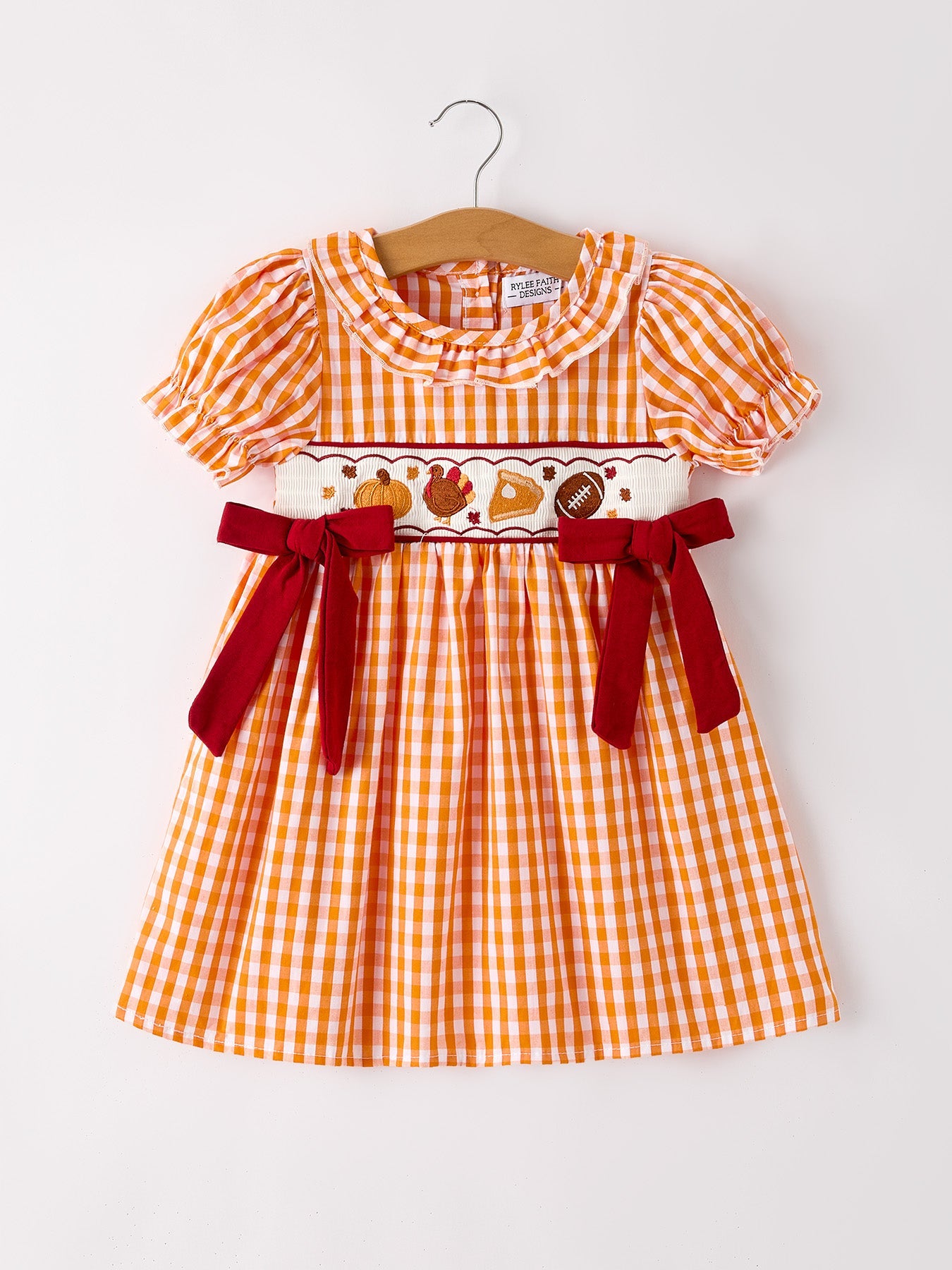 Fall Turkey Embroidered Girls Dress — Orange Checkered