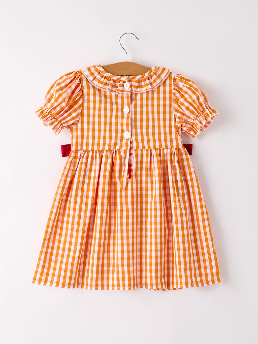Fall Turkey Embroidered Girls Dress — Orange Checkered