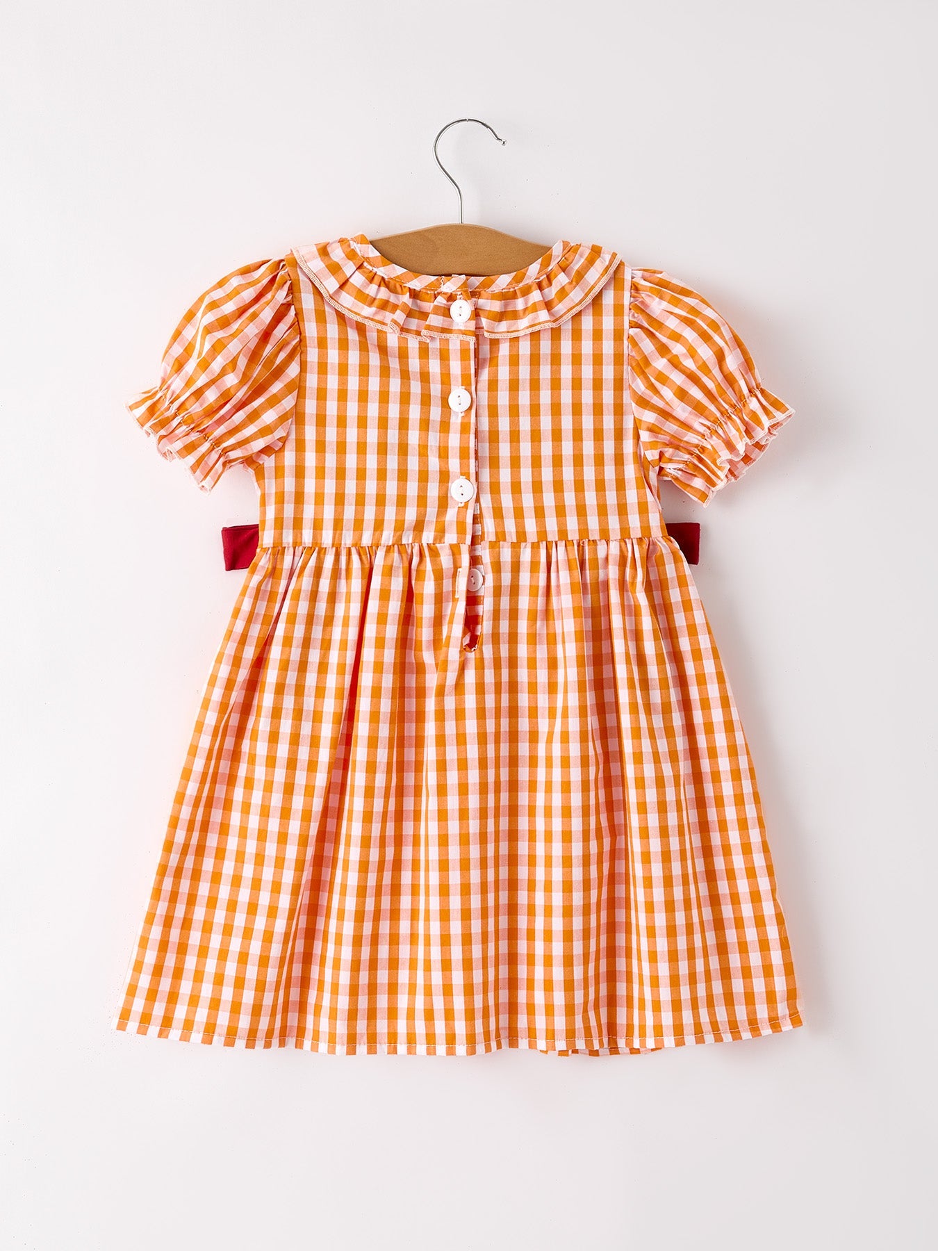 Fall Turkey Embroidered Girls Dress — Orange Checkered