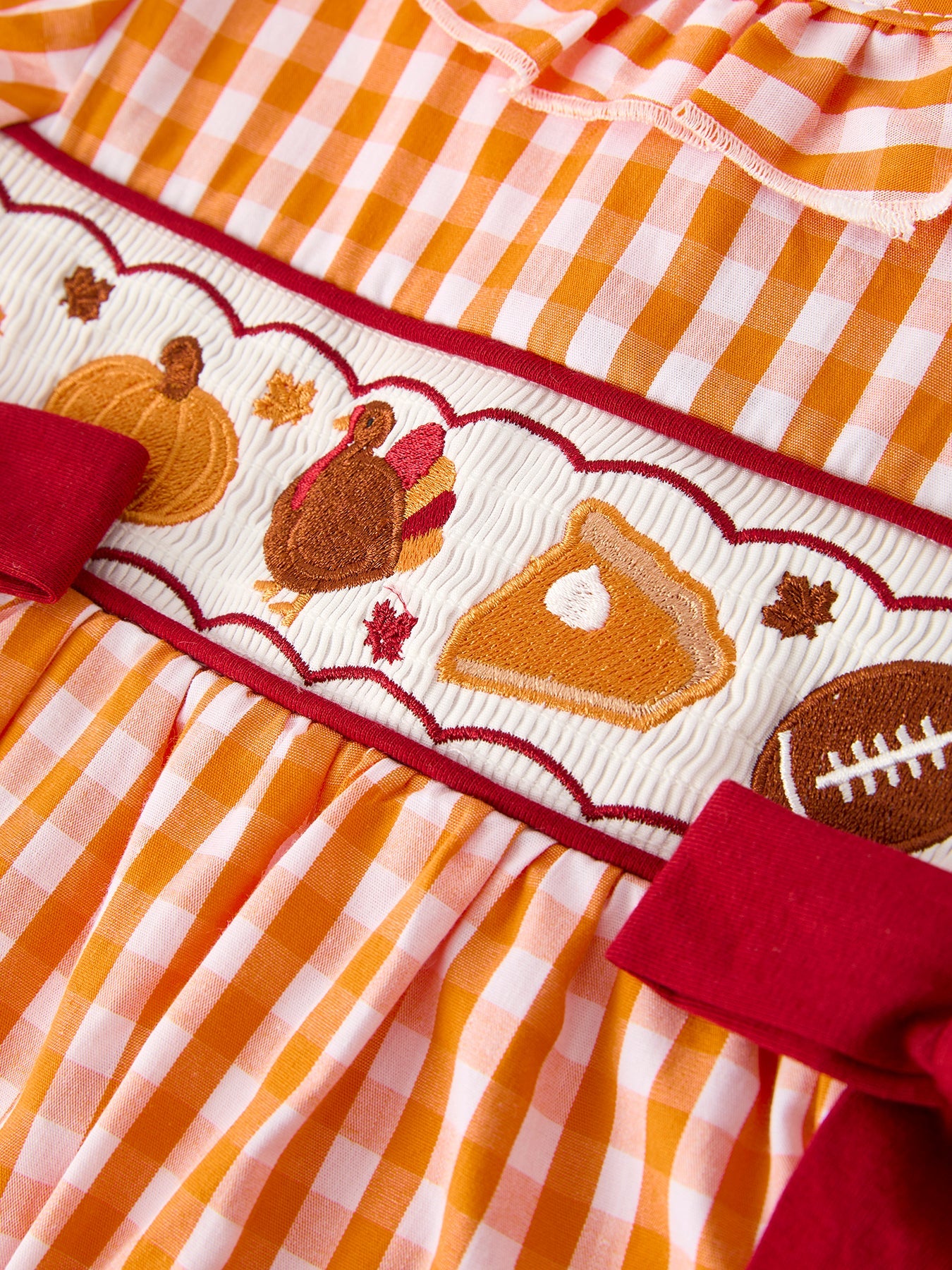 Fall Turkey Embroidered Girls Dress — Orange Checkered
