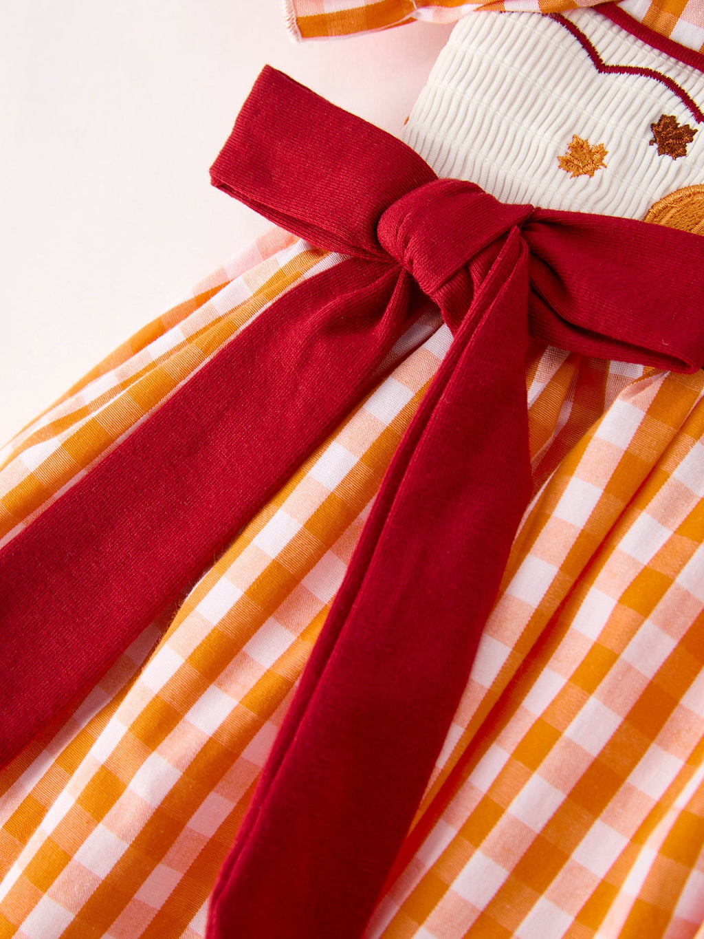 Fall Turkey Embroidered Girls Dress — Orange Checkered