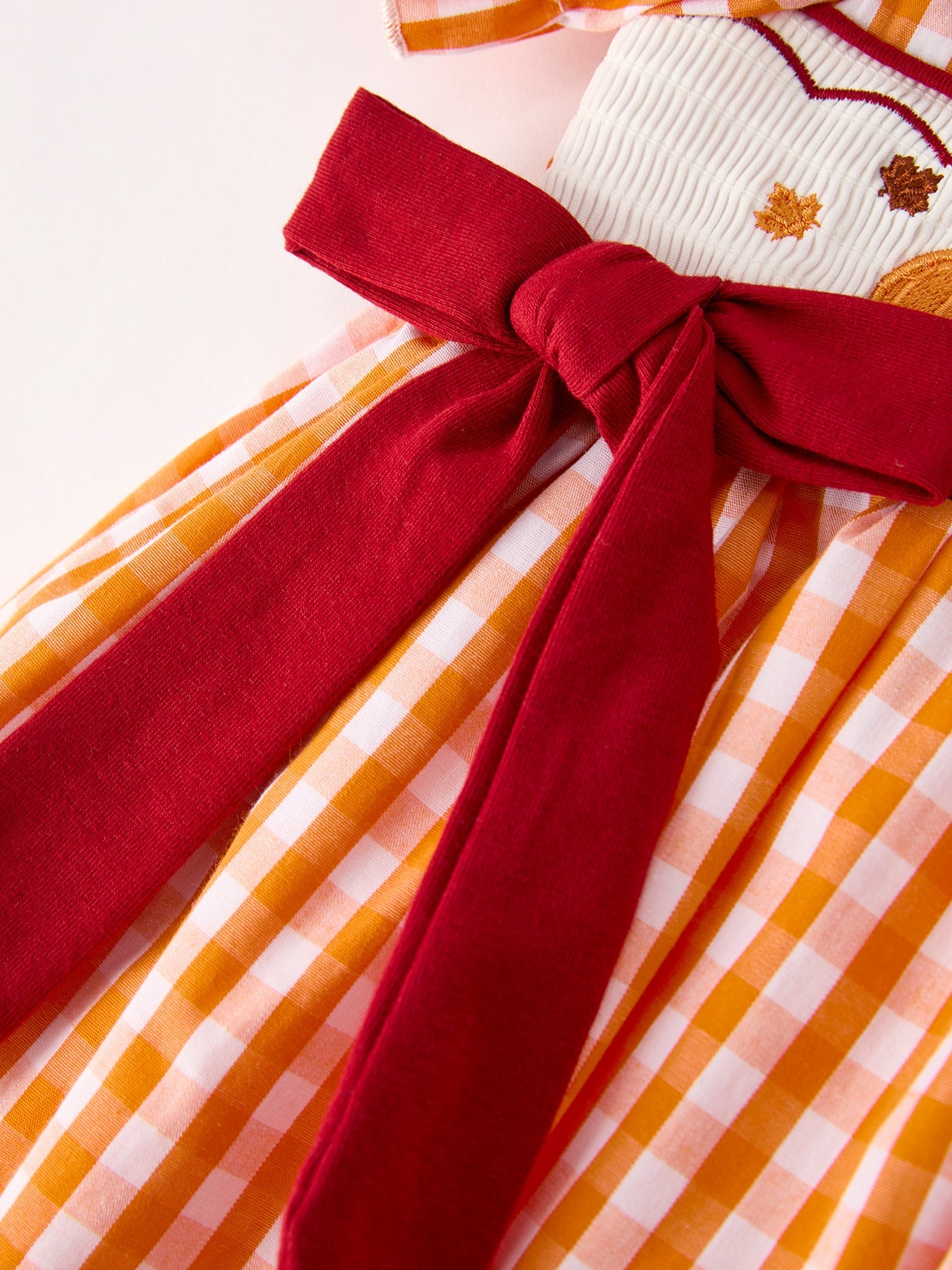 Fall Turkey Embroidered Girls Dress — Orange Checkered