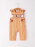 Fall Turkey Embroidered Baby Boy Romper — Orange Checkered