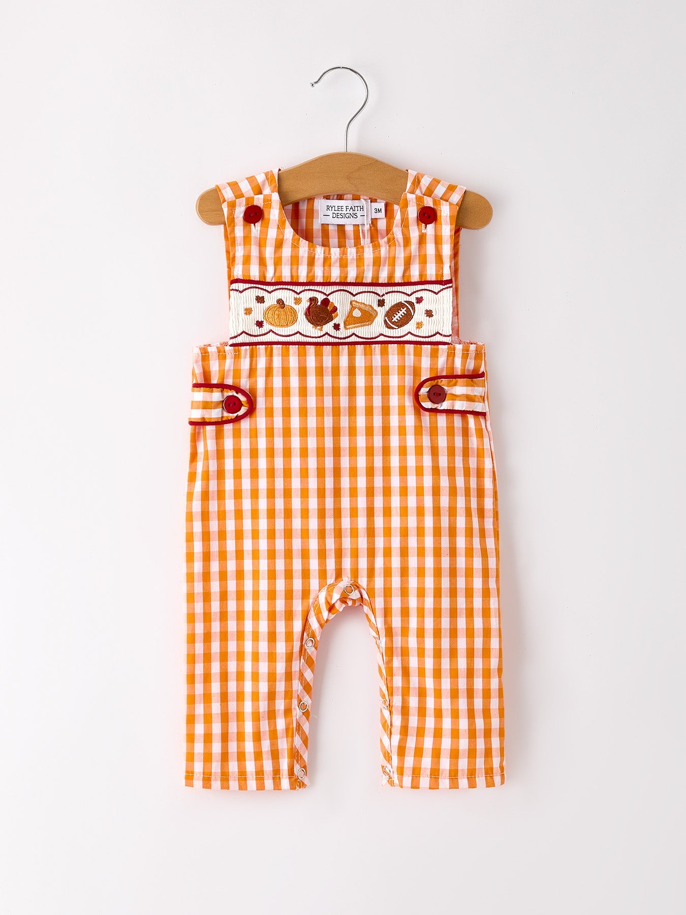 Fall Turkey Embroidered Baby Boy Romper — Orange Checkered