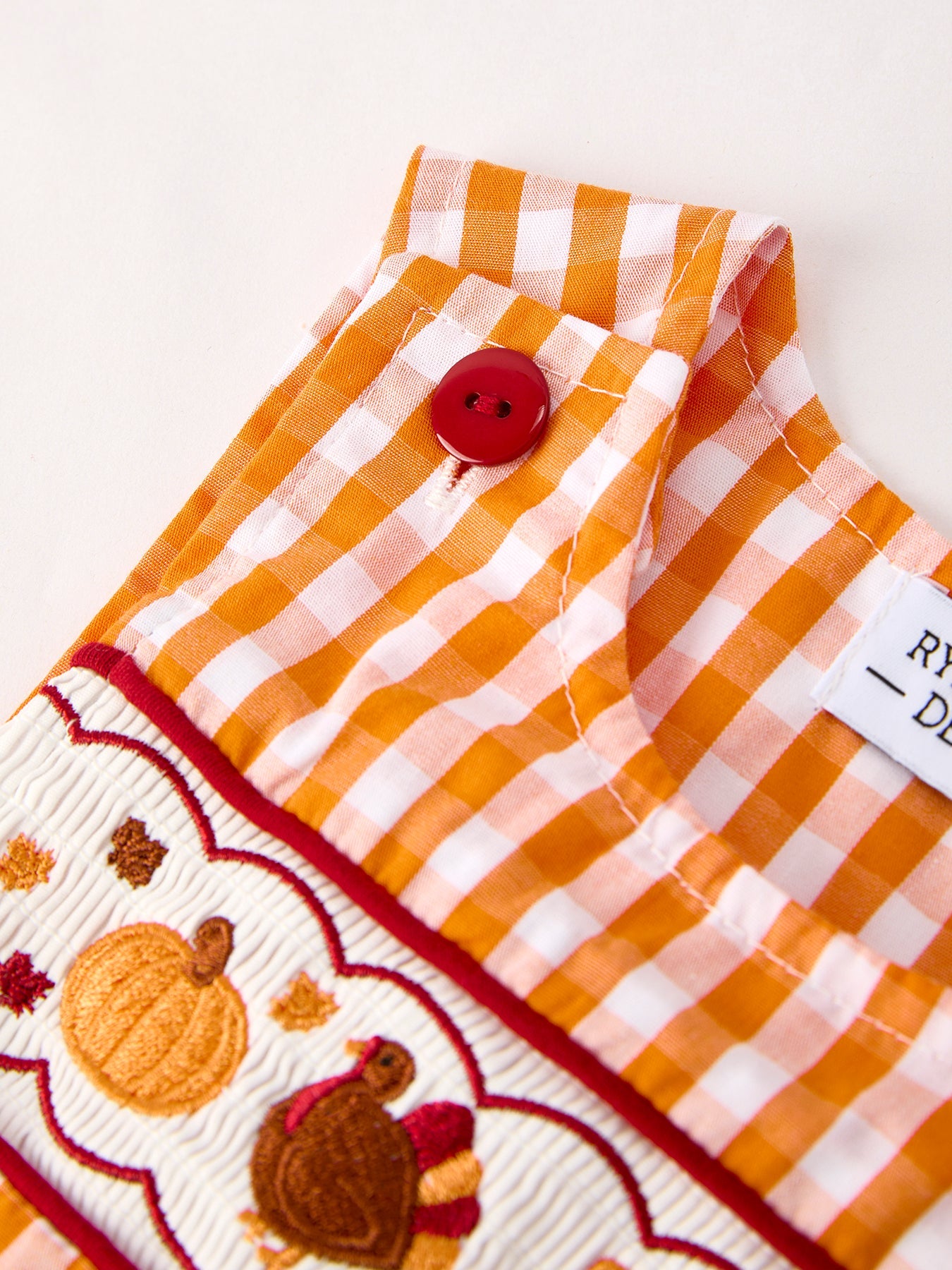 Fall Turkey Embroidered Baby Boy Romper — Orange Checkered