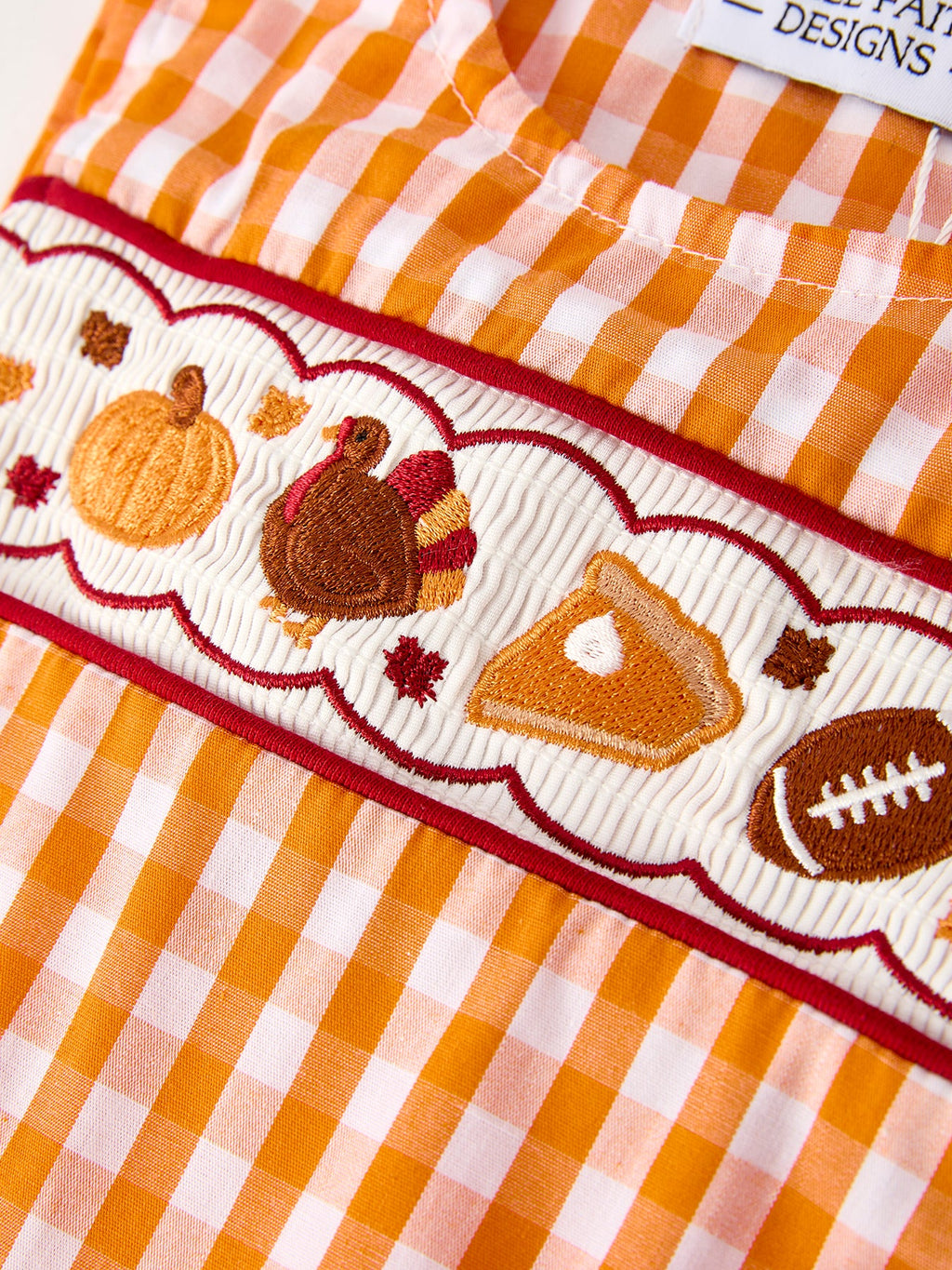 Fall Turkey Embroidered Baby Boy Romper — Orange Checkered