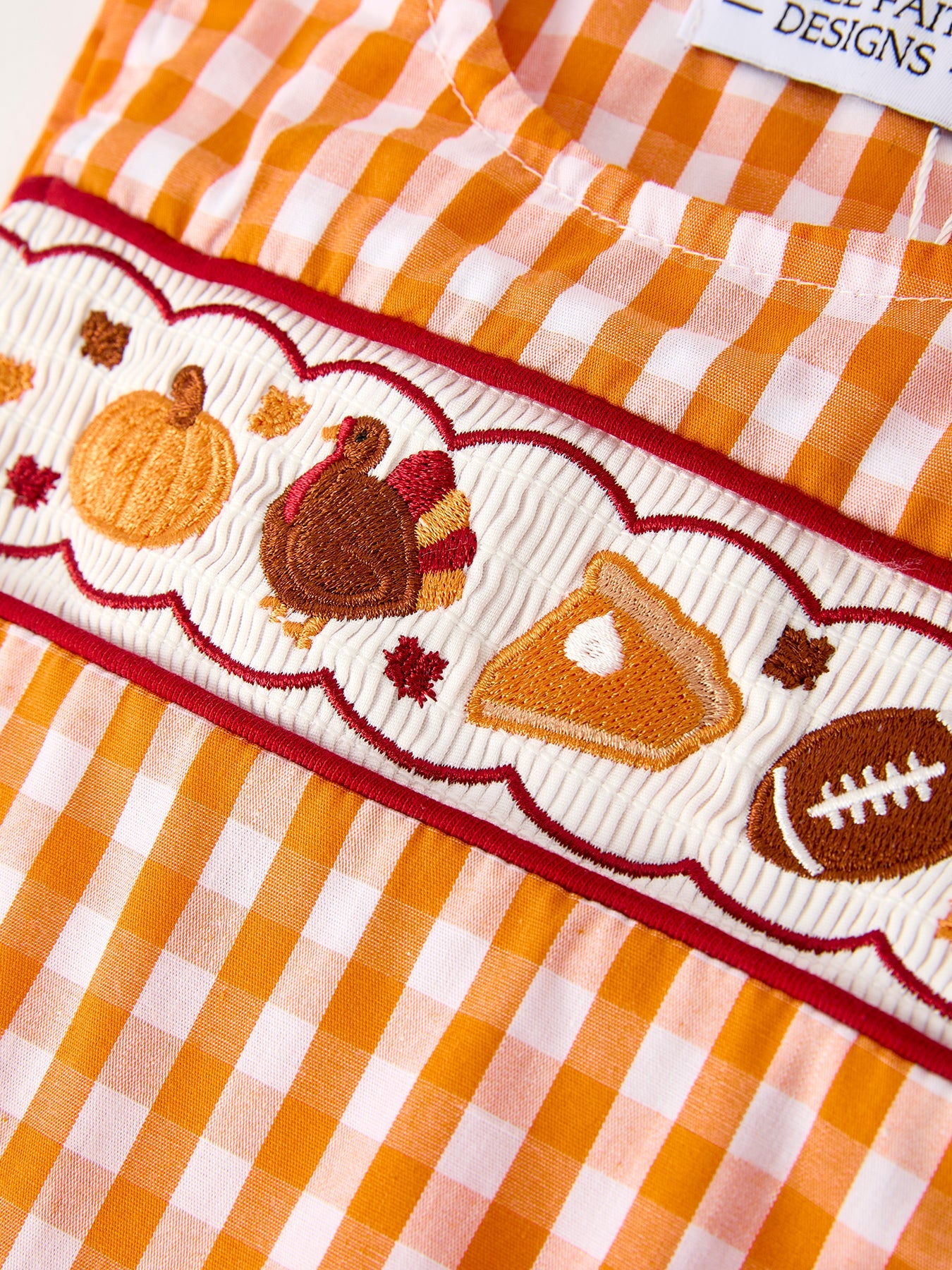 Fall Turkey Embroidered Baby Boy Romper — Orange Checkered