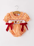 Fall Turkey Embroidered Baby Girl Romper — Orange Checkered