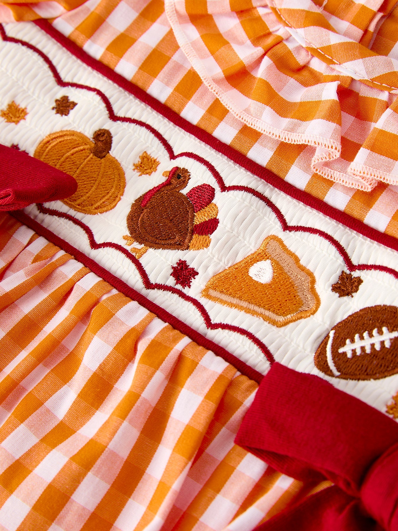 Fall Turkey Embroidered Baby Girl Romper — Orange Checkered