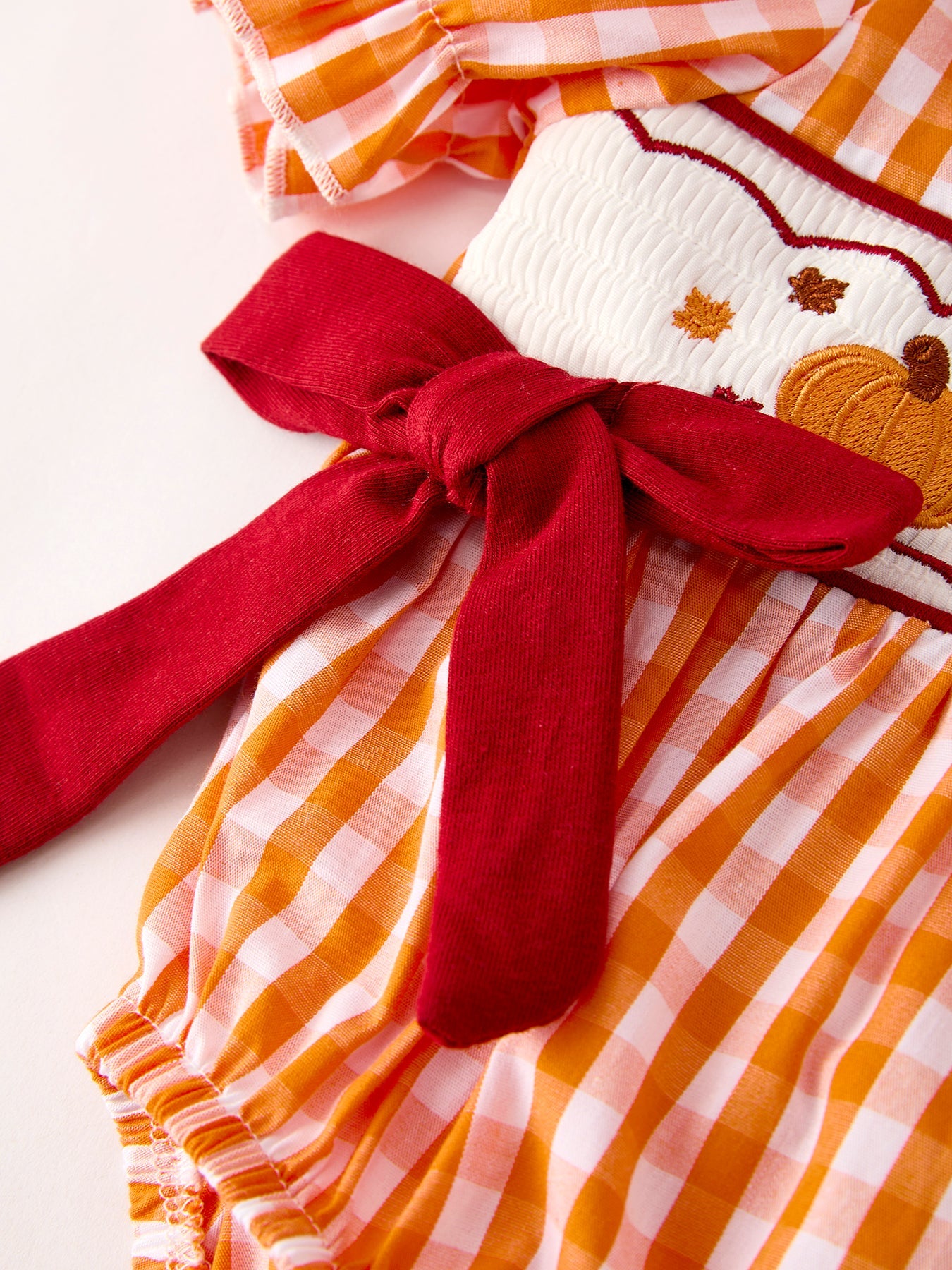 Fall Turkey Embroidered Baby Girl Romper — Orange Checkered