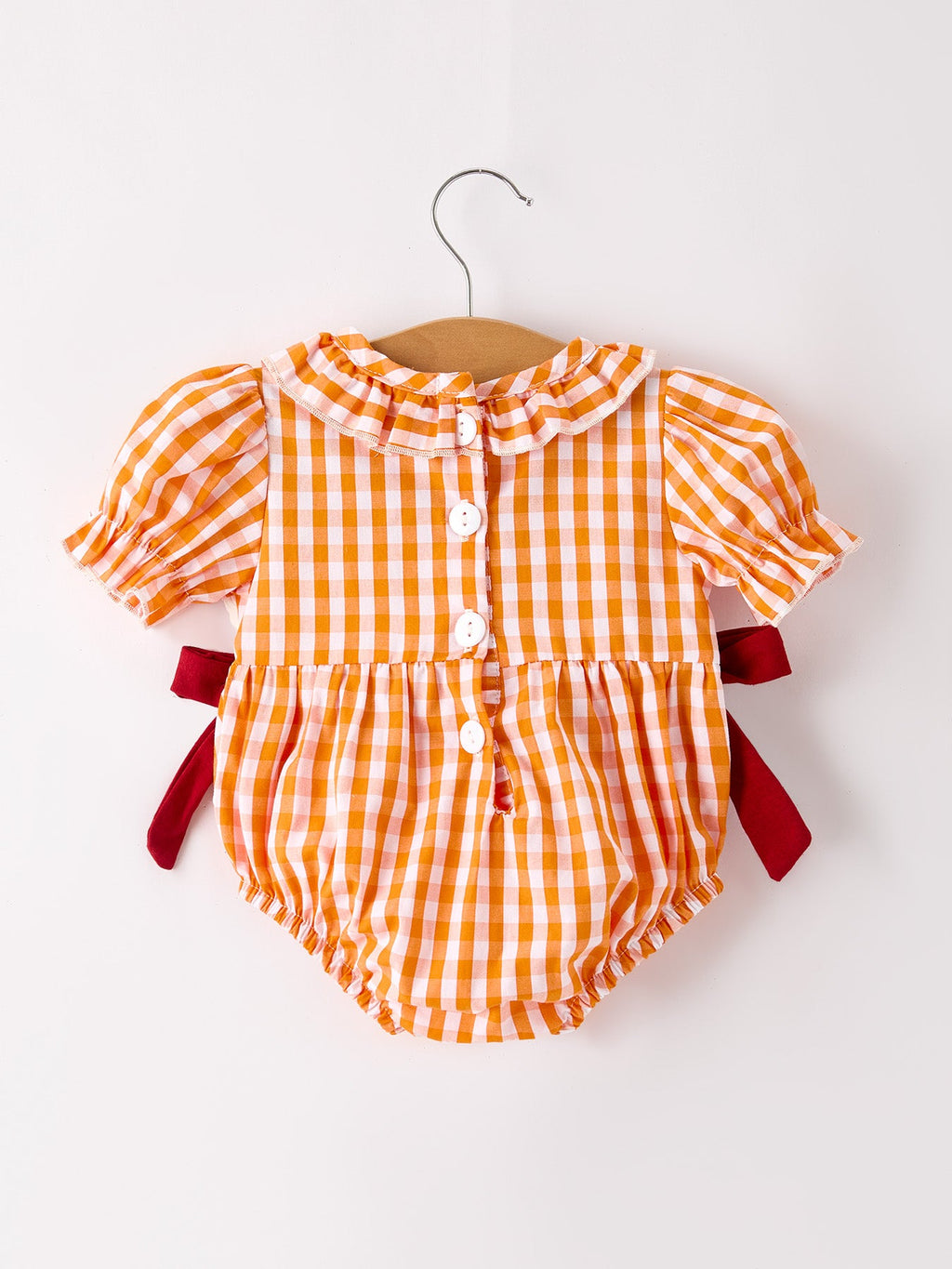 Fall Turkey Embroidered Baby Girl Romper — Orange Checkered