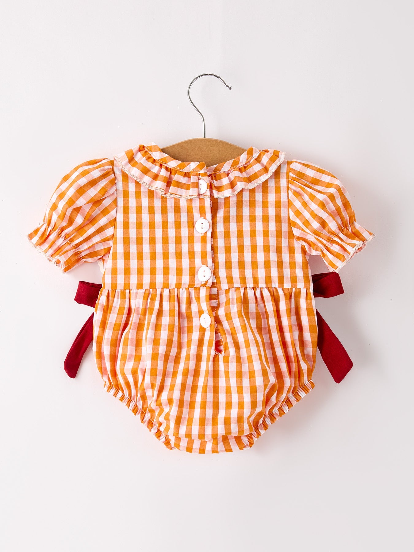 Fall Turkey Embroidered Baby Girl Romper — Orange Checkered
