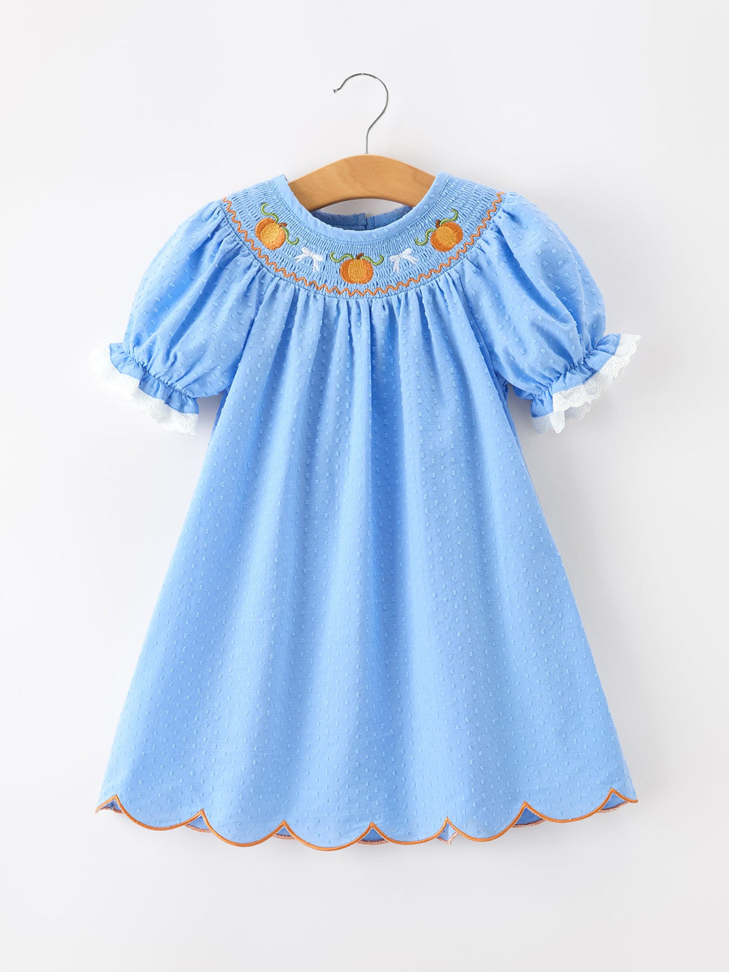 Blue Fall Thanksgiving&Halloween Pumpkin Smock Embroidery Lace Baby Girl Dress