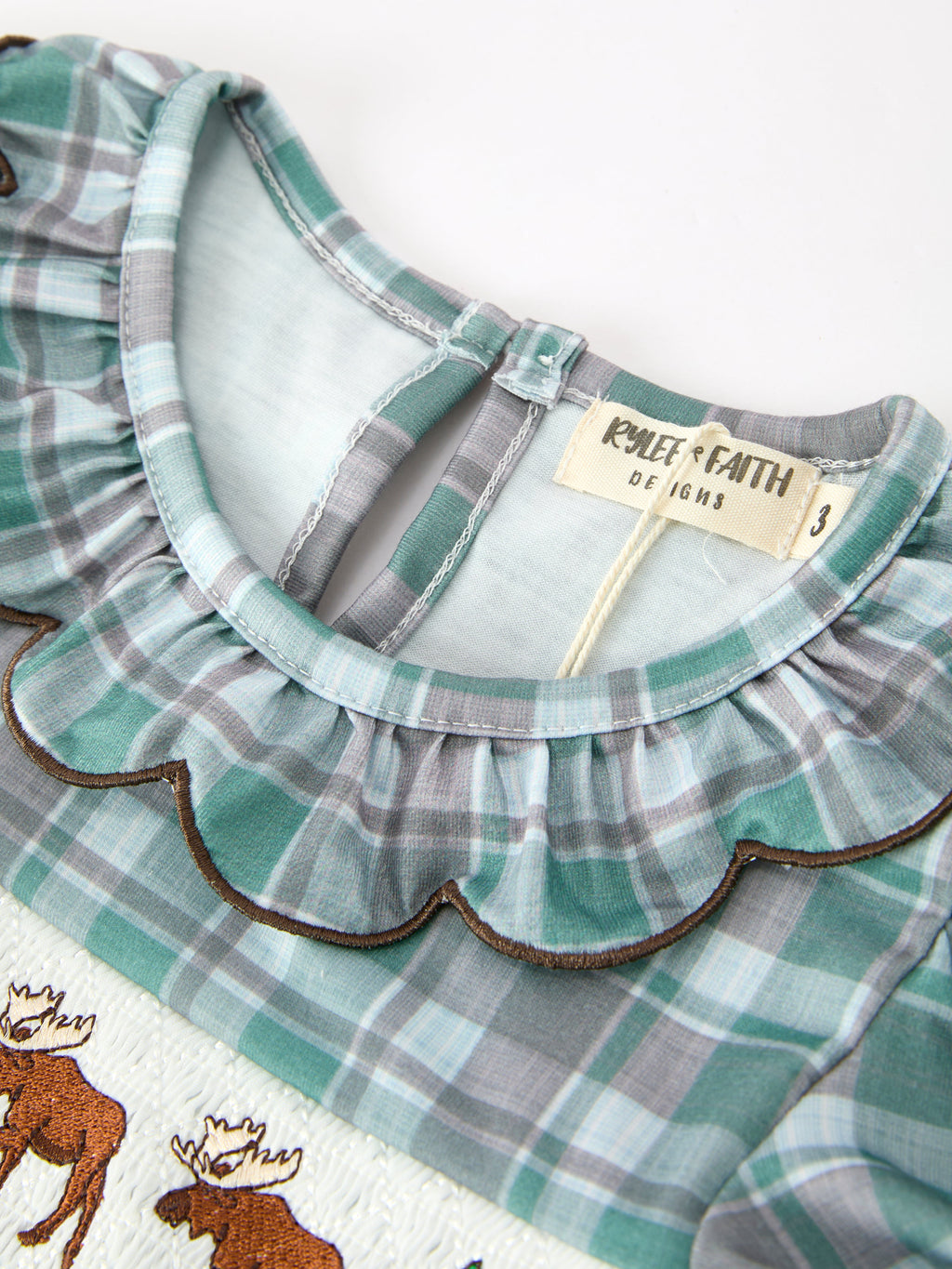 Plaid Moose Smocked Girls Puff Sleeve Dress