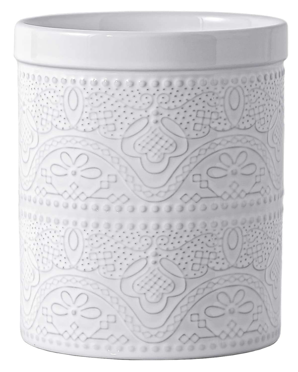 Lace Emboss Ceramic Utensil Holder — 7.2 Inch, Bright White