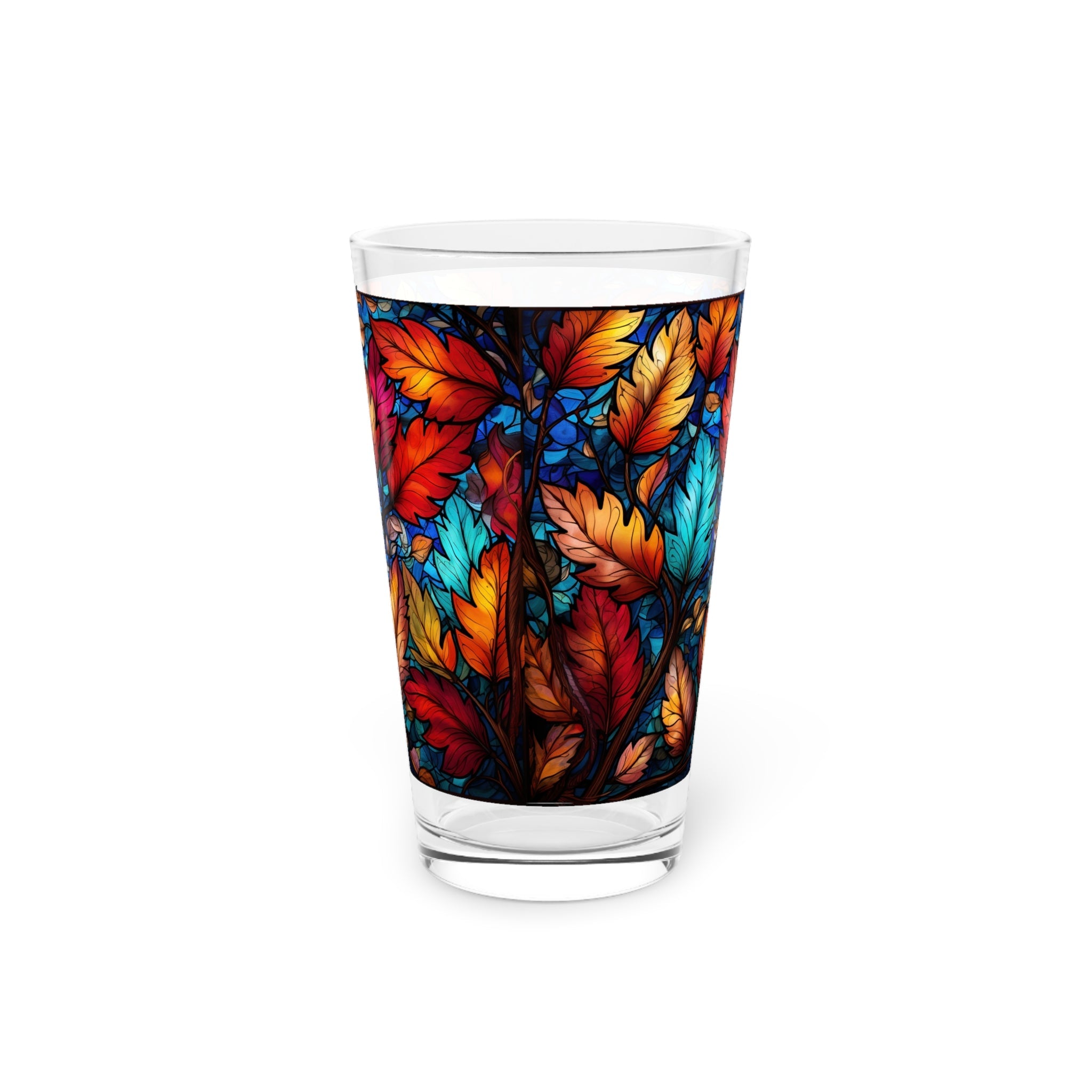 Autumnal Beauty: A Colorful Stained Glass Tribute to Fall Leaves  16oz Pint Glass Gift idea gifts for home decor housewarming gift