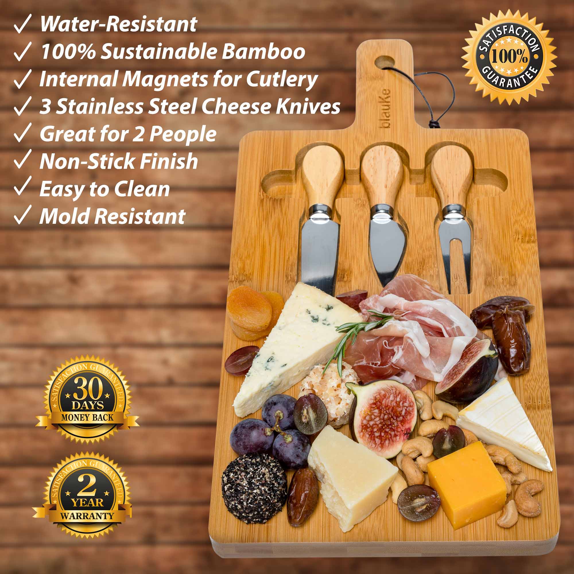 Bamboo Cheese Board & Knife Set — 12x8 Inch with Magnetic Storage