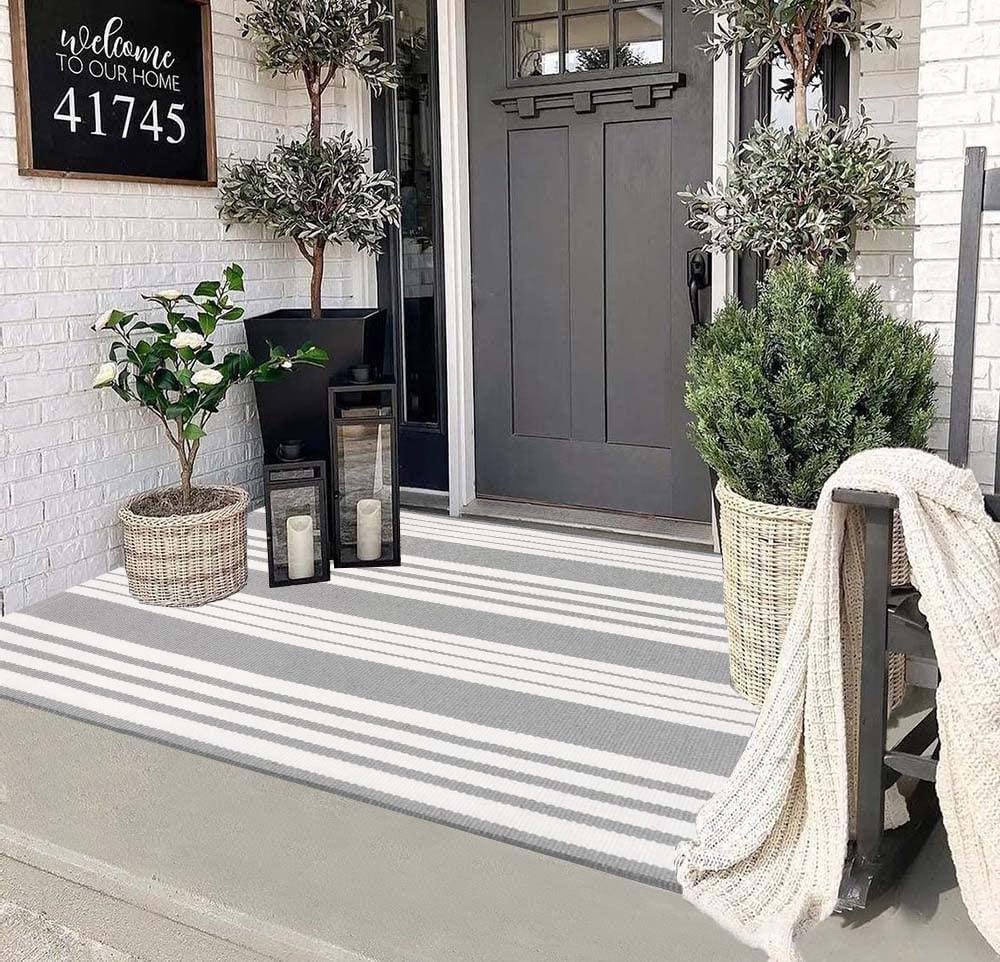 Grey & White Striped Cotton Outdoor Rug — 3x5, Machine Washable