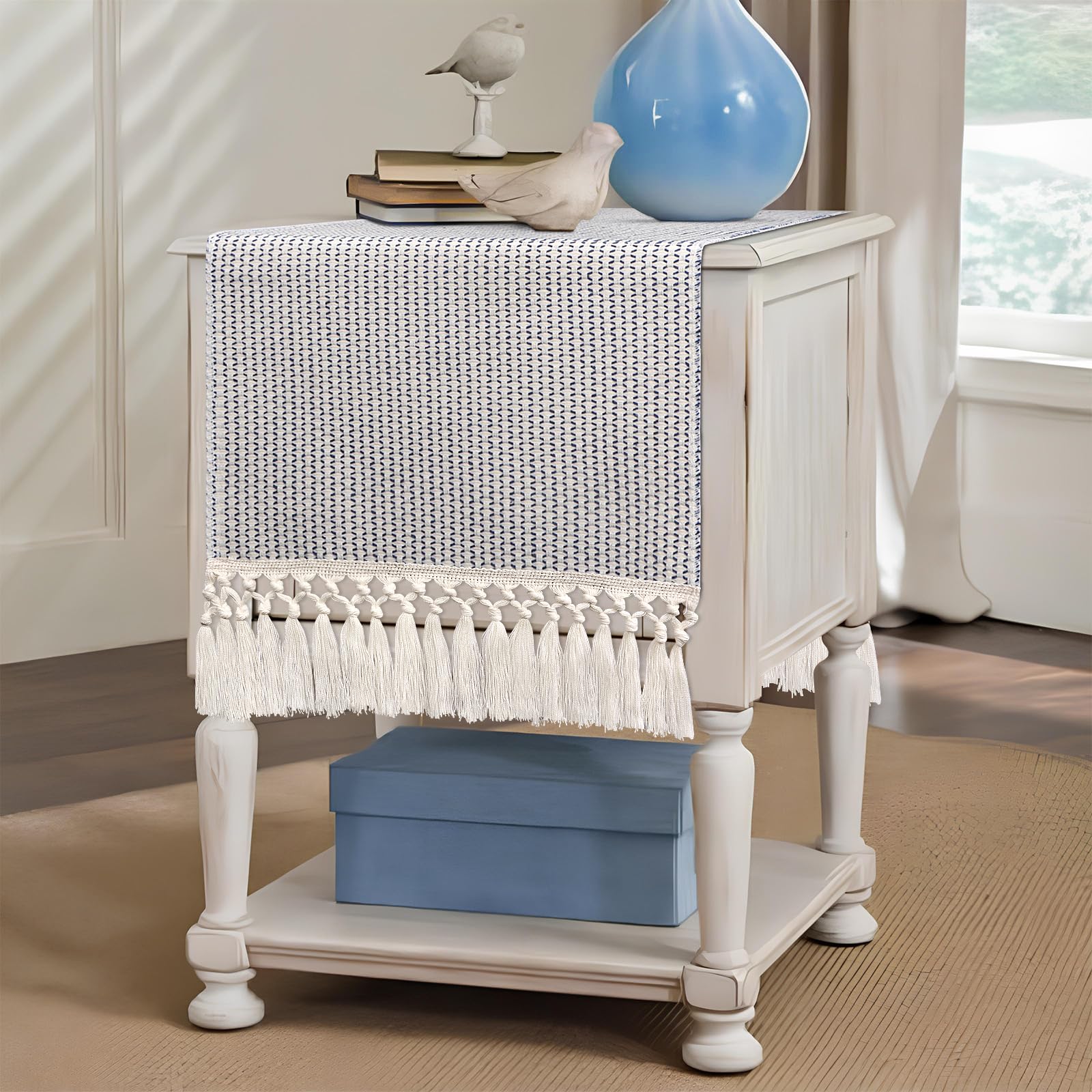 Blue & Beige Boho Woven Table Runner — 14x36