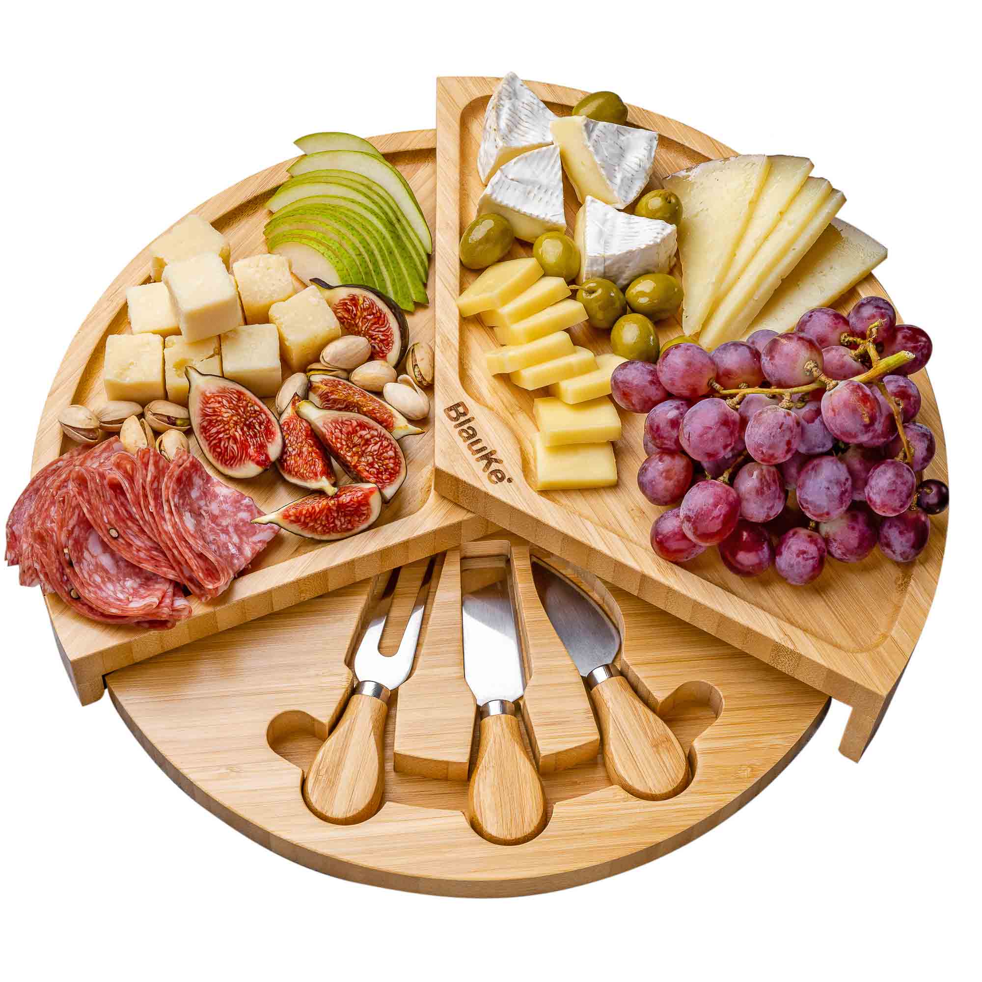 Bamboo Swiveling Cheese Board & Knife Set — 14 Inch with Slide-Out Drawer