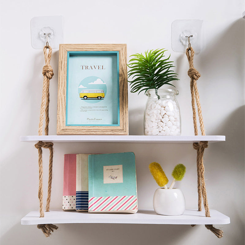 Double-Layer Wall-Mounted Shelf with Jute Rope — 140cm
