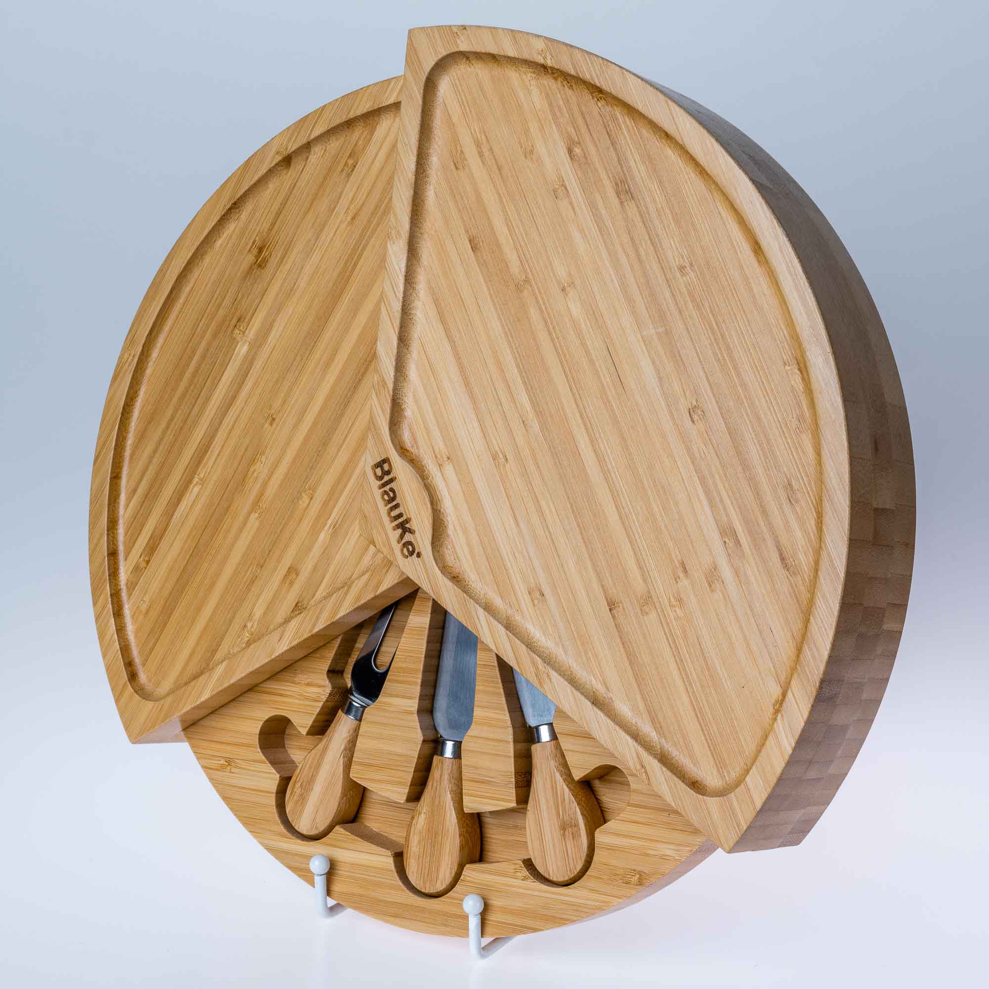 Bamboo Swiveling Cheese Board & Knife Set — 14 Inch with Slide-Out Drawer