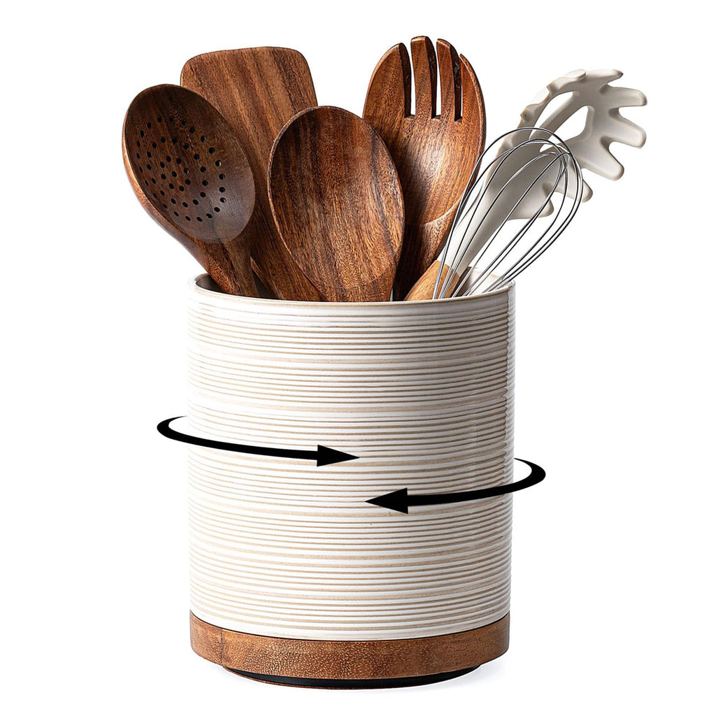 Rotating Ceramic Utensil Holder with Wood Base