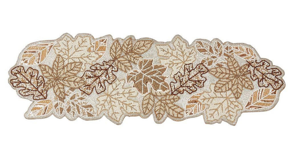 Fennco Styles Hand Beaded Fall Leaves Table Runner 12" W x 36" L - Gold Elegant Autumn Table Cover for Home Décor, Holidays, Family Gatherings, Banquets and Special Occasion