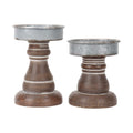 Rustic Farmhouse Pillar Candle Holders with Galvanized Plate — Set of 2, Brown