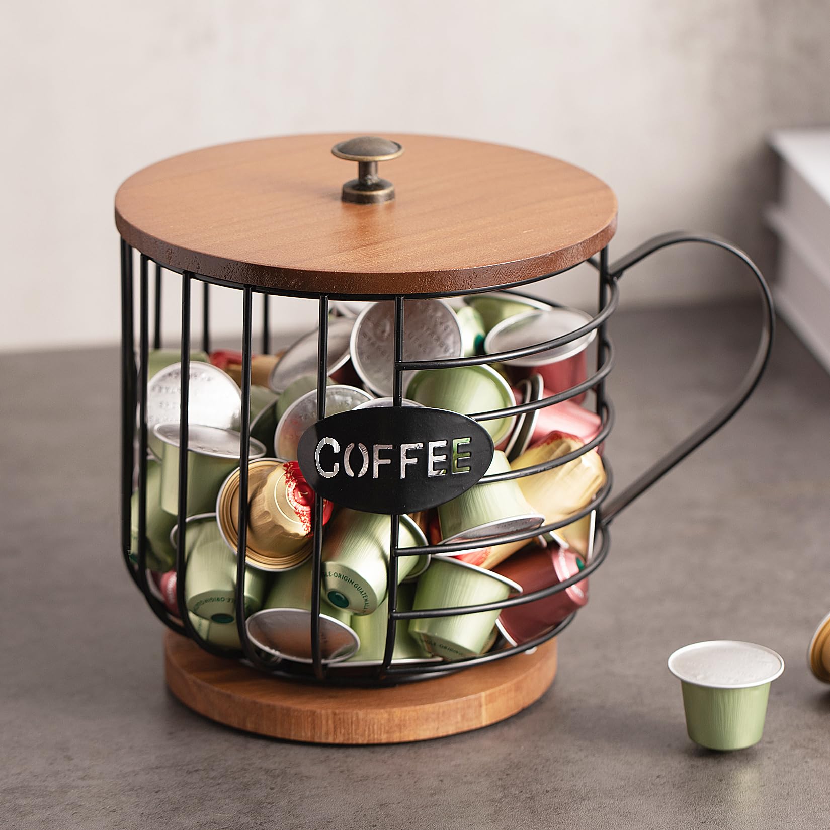 Rustic Coffee Pod Holder with Wooden Lid